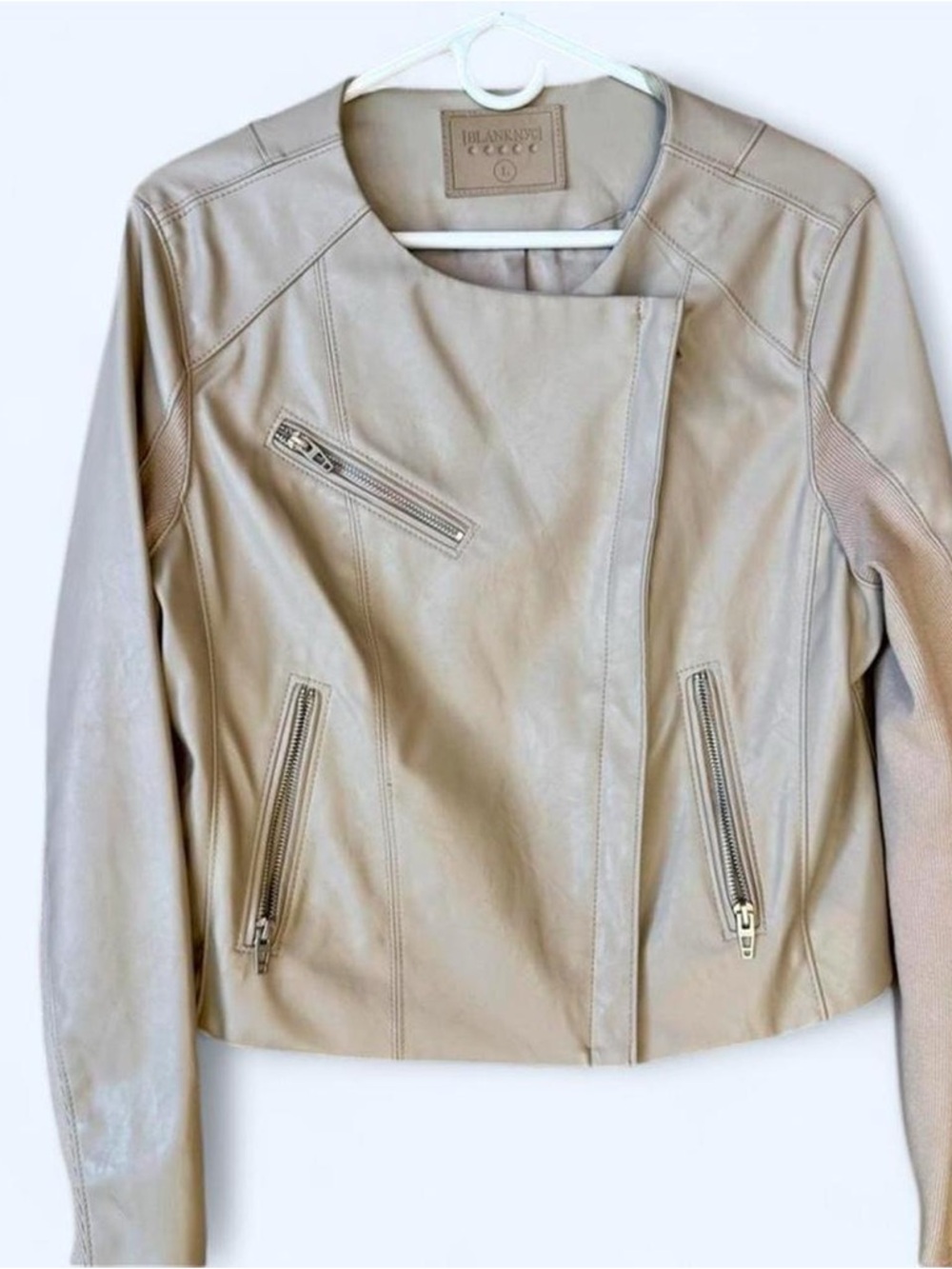 Blank NYC Beige Faux Leather Moto Jacket with Asymmetrical Zip